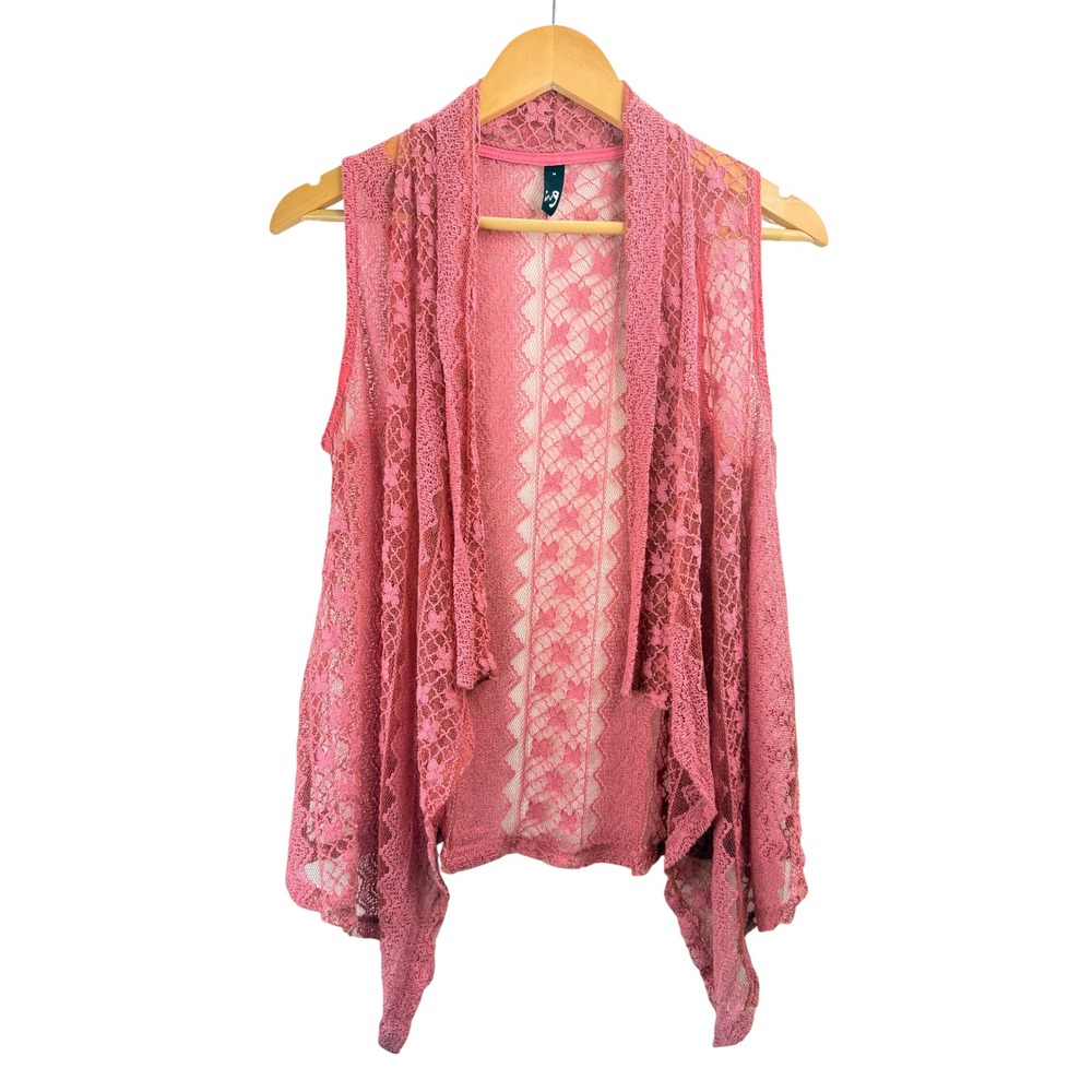 In9 Womens Pink Floral Lace Draped Open Front Sleeveless Boho Cardigan Size M